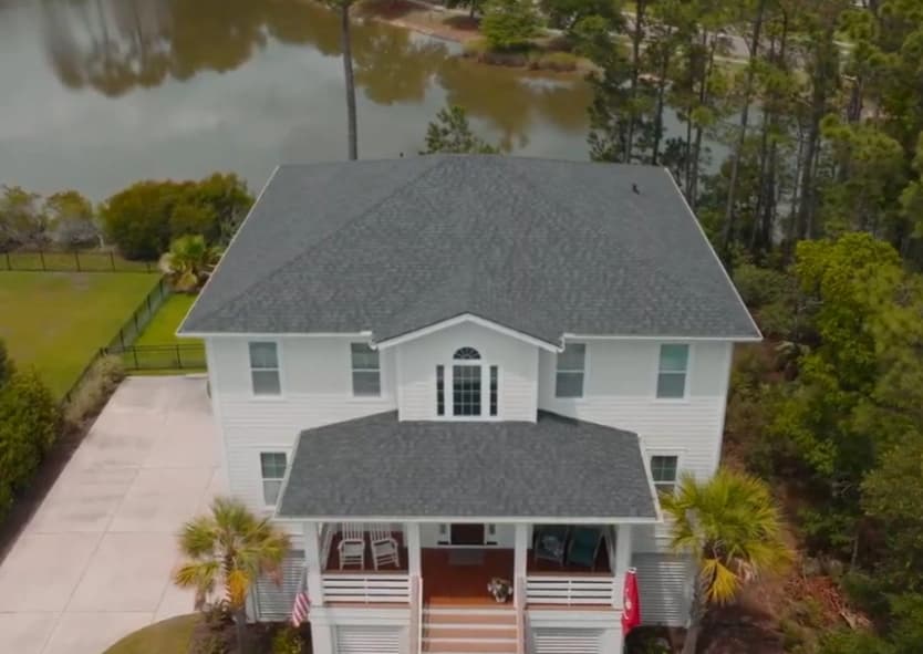 Aerial view of a completed Revive Roofing project in coastal South Carolina