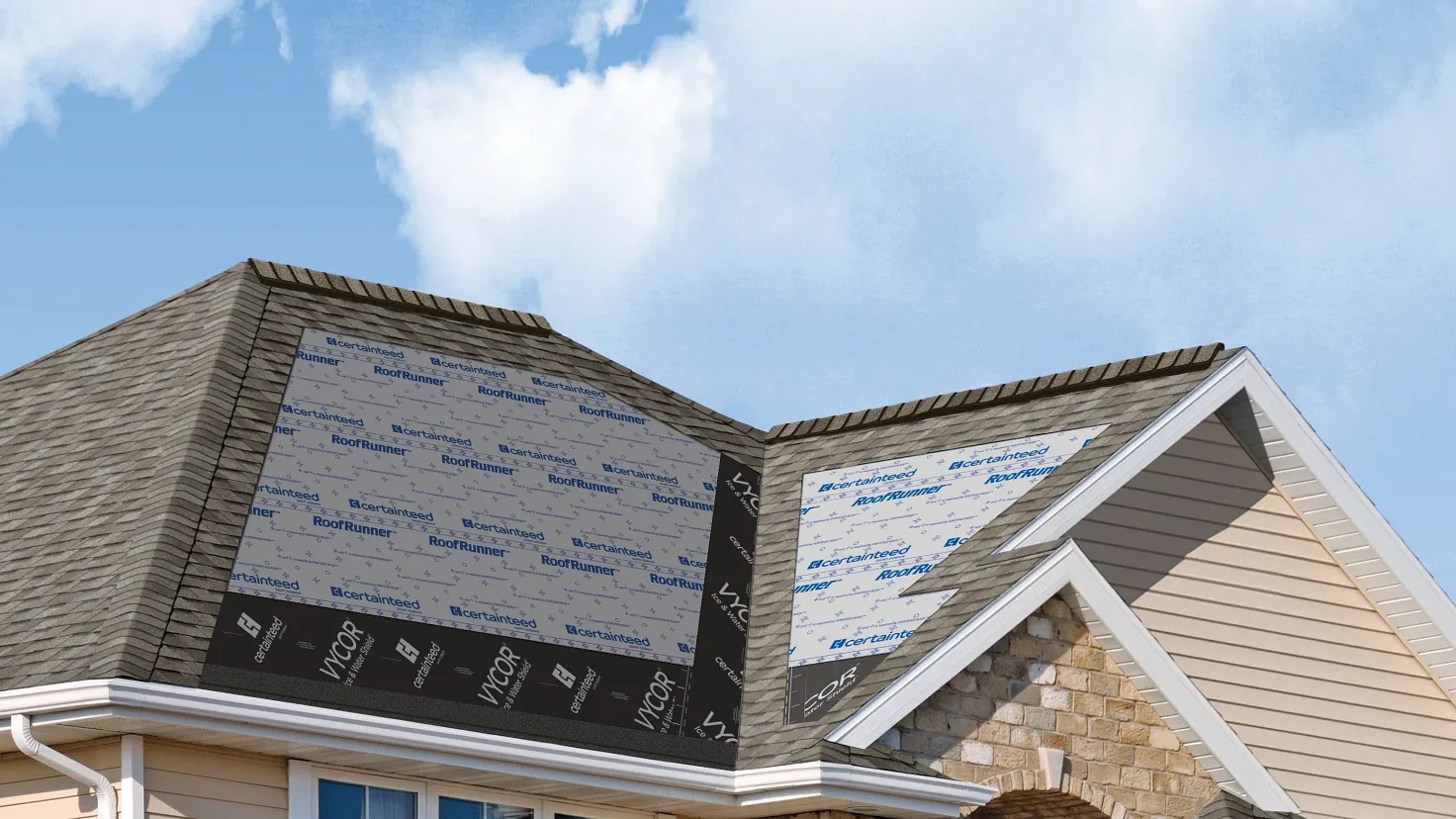 Shingle roof partly re-covered, showing synthetic underlayment and ice and water shield